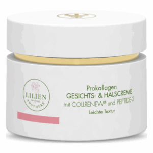 Weißer Pflegebehälter mit goldener Schraubkappe, beschriftet mit 'Prokollagen Gesichts- & Halscreme'.