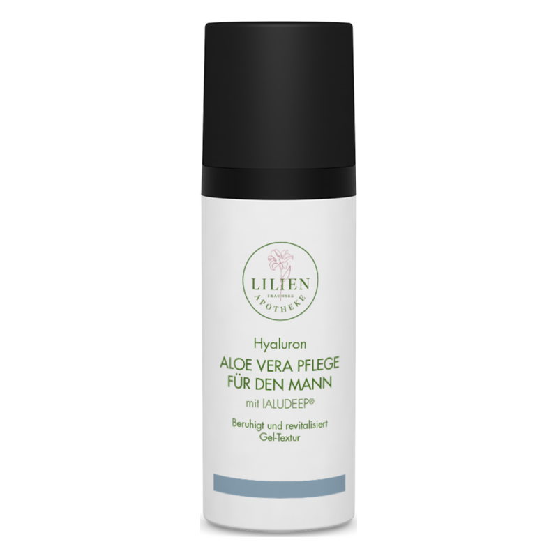 Flasche mit Hyaluron und Aloe Vera Pflege für Männer, gelartige Textur, beruhigende Eigenschaften.