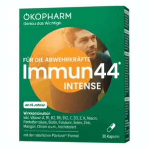 Verpackung von Immun44 Intense von OKOPHARM, mit Walterackern auf grünem Hintergrund und orangefarbenem Element.