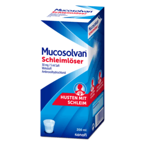 Mucosolvan Schleimlöser in einer blauen Verpackung mit rotem Schriftzug, enthält 200 ml Saft zur Schleimlösung.