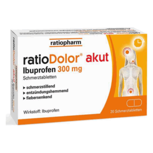 Verpackung von ratioDolor akut Ibuprofen 300 mg Schmerztabletten mit Hinweisen zu den Wirkungen und Anwendungsgebieten.