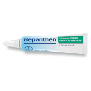 Tube mit Bepanthen Augen- und Nasensalbe, 50 mg/g, mit Hinweis auf Dexpanthenol, im handlichen Format.