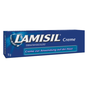LAMISIL Creme für die Haut, enthält Terbinafinhydrochlorid, in blauer Verpackung mit weißem Text.