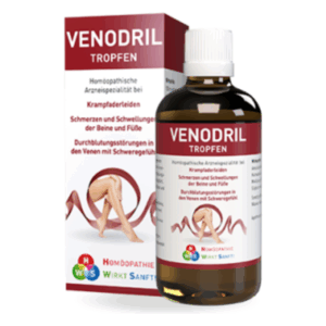 Flasche mit homöopathischen Tropfen gegen Krampfaderleiden, verpackt in einer farbigen Schachtel mit Beinabbildung.