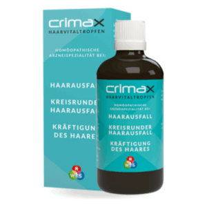 Braune Flasche mit Haarvitaltropfen von Crimax, umgeben von hellblauer Umverpackung, betont Haarwuchs und Haarstärkung.