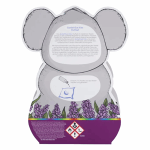 Rückseite einer koalafarbenen Verpackung für Schlaf Gut Kids Duftset, mit Anwendungshinweisen und Warnsymbolen.