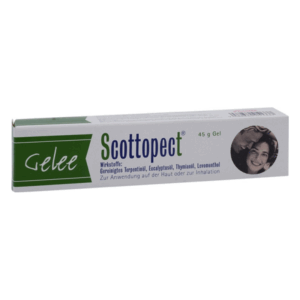 Verpackung von Scottopect Gelee, 45 g, mit Wirkstoffen zur Hautanwendung oder Inhalation und Abbildung eines Paares.