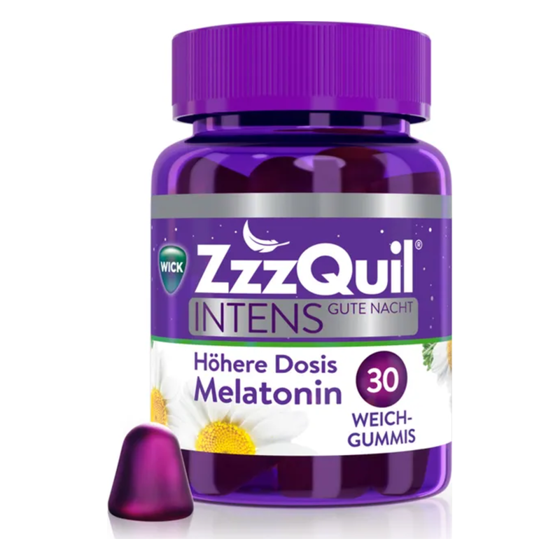 Lila Flasche mit Weichgummis zur Unterstützung des Schlafs, enthält Melatonin und beschreibt eine höhere Dosis.