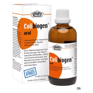 Flasche mit Colibiogen oral, einem medizinischen Lebensmittel in einer Verpackung für spezielle diätetische Zwecke.