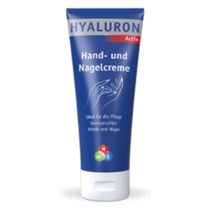 Tube mit Hand- und Nagelcreme in blauer Verpackung, für die Pflege von Händen und Nägeln.
