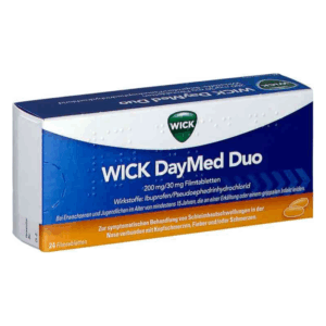 Verpackung von WICK DayMed Duo mit blauem Design und Informationen zu Inhaltsstoffen und Anwendung.