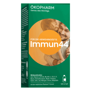 Verpackung von Immun44 in grüner Box mit Angaben zu Inhaltsstoffen und Anwendung für die Abwehrkräfte.