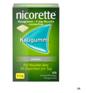 Packung mit Nicorette Kaugummi, 4 mg Nikotin, zuckerfrei, grüne Oberfläche mit blauer Kaugummiform.