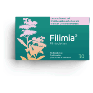 Verpackung von Filimia Filmtabletten mit Pflanzenmotiven, unterstützt bei Erkältungen und Gelenkschmerzen.