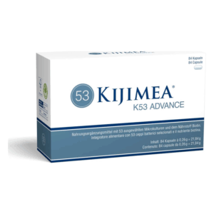Packung Kijimea K53 Advance mit 84 Kapseln, enthält ausgewählte Mikrokulturen und Biotin.