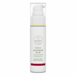 Flasche mit Hyaluron Schutzfluid LSF 50, ausgestattet mit Spender, besonders leichte Textur, tägliche Anwendung.