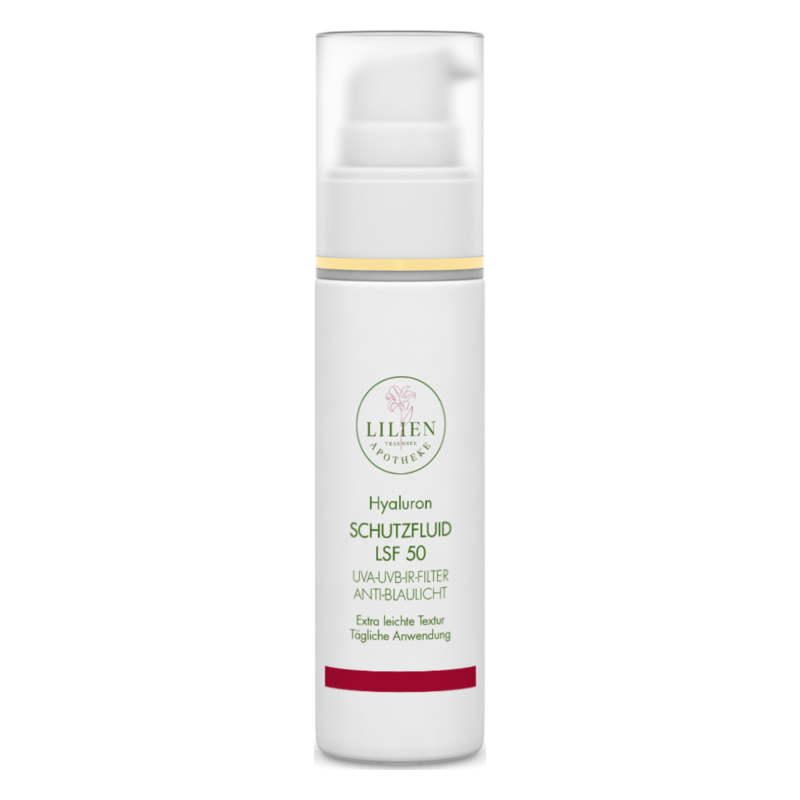 Flasche mit Hyaluron Schutzfluid LSF 50, ausgestattet mit Spender, besonders leichte Textur, tägliche Anwendung.