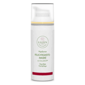 Weißer Spender mit goldener und roter Akzentierung, enthält Hyaluron Feuchtigkeitsmaske, Nachtpflege.