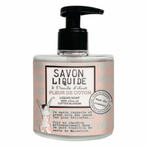 Flasche mit flüssiger Seife, Olivenöl und Baumwollblüte, mit Pumpe und gestreiftem Design.