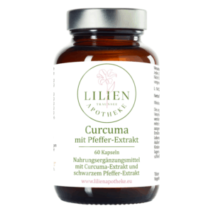 Braune Glasflasche mit silbernem Deckel, enthält Kurkuma-Kapseln mit Pfeffer-Extrakt.