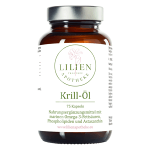 Braune Glasflasche mit Schraubverschluss, etikettiert mit "Krill-Öl", enthält 75 Kapseln, Informationen zu Inhaltsstoffen und Anwendung.