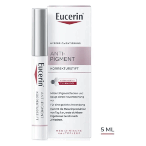 Eucerin Anti-Pigment Korrekturstift in einer weißen Verpackung mit lila Akzenten, 5 ml Inhalt, zur Milderung von Pigmentflecken.
