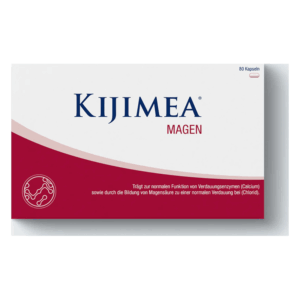 Verpackung von Kijimea Magen, 80 Kapseln, mit Informationen zur Funktion von Verdauungsenzymen und Magensäure.