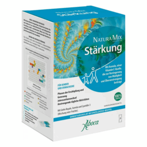 Verpackung von NaturaMix Stärkung, einem Nahrungsergänzungsmittel mit Acerola für Energie und Vitalität.