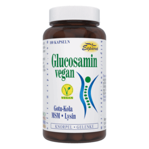 Braune Kunststoffflasche mit 100 veganen Glucosamin-Kapseln, bezeichnend für Gelenke und Knorpelpflege.