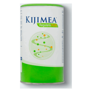 Grüne Dose mit Kijimea Regularis Plus, einem Produkt zur Unterstützung der Darmgesundheit, mit spiralförmigem Design.