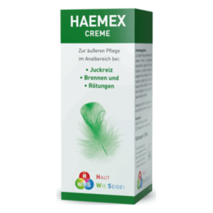 Packung der HAEMEX Creme zur Linderung von Juckreiz, Brennen und Rötungen im Analbereich. Grüner Schriftzug und Feder-Design.