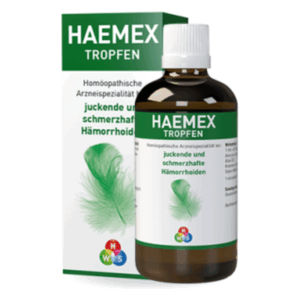 Braune Flasche mit weißen Tropfenverschluss und grünem Etikett, verpackt in einer grünen Box. Homöopathisches Mittel für Hämorrhoiden.