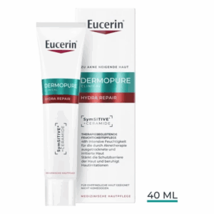 Eucerin Dermopure Hydra Repair Creme in einer Tube mit einem weißen und türkisfarbenen Design, verpackt in einer Kartonage.