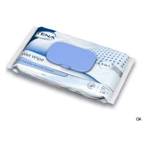 Verpackung von TENA Feuchttüchern mit blauem Verschluss, für tägliche persönliche Hygiene, alkoholfrei.