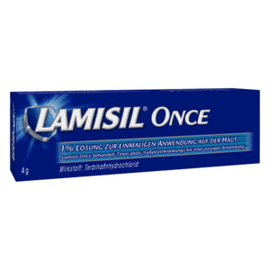 Lamisil Once Verpackung, 4 g Lösung zur einmaligen Anwendung gegen Fußpilz, in blauer Schachtel.