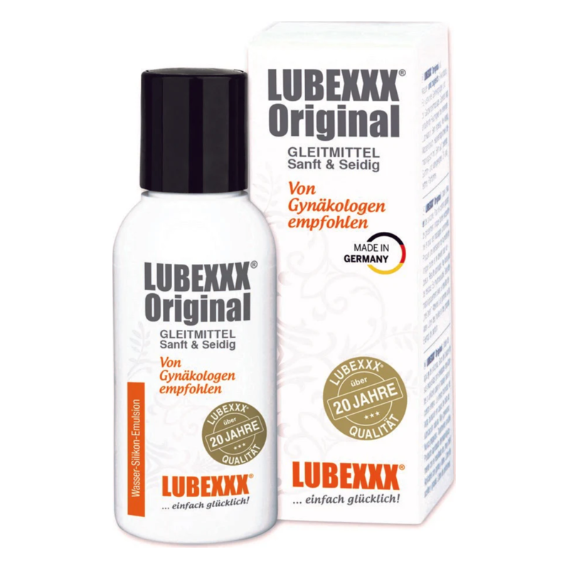 LUBEXXX Original Gleitmittel in einer weißen Flasche mit schwarzem Deckel und einer dazugehörigen Verpackung