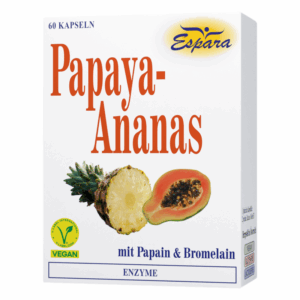 Verpackung für Papaya-Ananas Kapseln mit frischen Ananas- und Papaya-Hälften, enthält Enzyme.