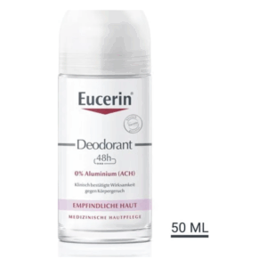 Eucerin Deodorant für empfindliche Haut, 48 Stunden Wirksamkeit, 0% Aluminium, in transparenter Roll-on-Flasche, 50 ml.