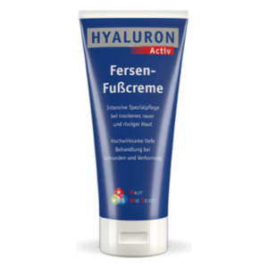 Verpackung einer Fußcreme mit blauer Tube und Anwendungshinweisen für trockene und rissige Haut.