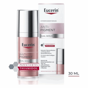 Eucerin Anti-Pigment Dual Serum in Glasflasche mit silbernem Pumpverschluss, verpackt in einer kartonierten Schachtel.