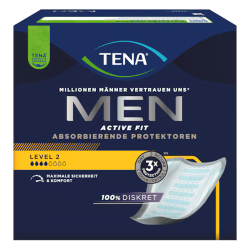 TENA MEN Active Fit Verpackung mit absorbierenden Protektoren, Level 2, betont maximale Sicherheit und Komfort, 100% diskret.