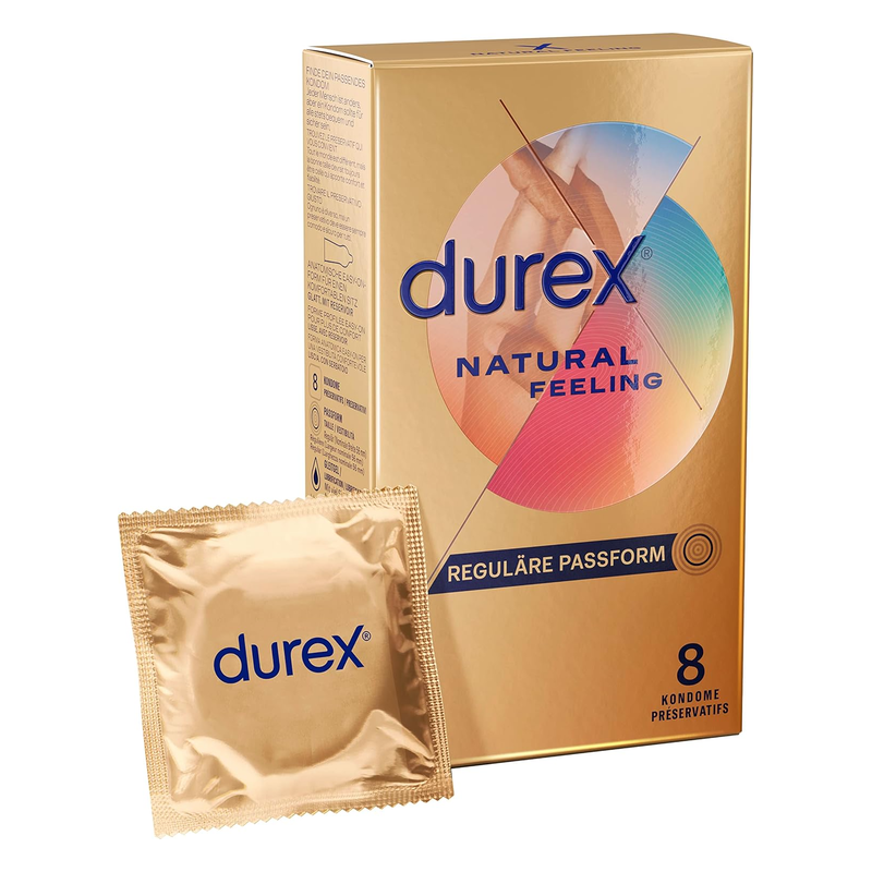 Packung Durex Natural Feeling mit einem einzelnen Kondom in goldener Folie, reguläre Passform, für sicheren Geschlechtsverkehr.