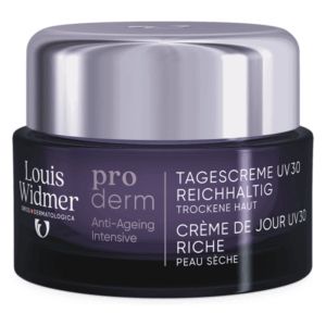 Reichhaltige Tagescreme mit UV-Schutz für trockene Haut in einem violetten Tiegel von Louis Widmer.