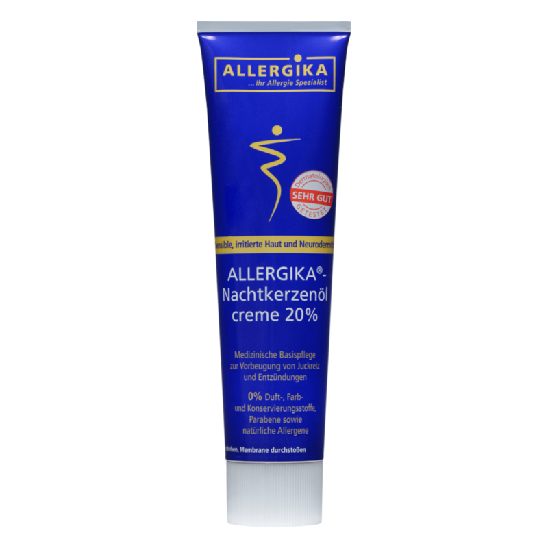 Tube mit Allergika Nachtkerzenöl Creme 20%, für empfindliche Haut, ohne Duftstoffe und Parabene.