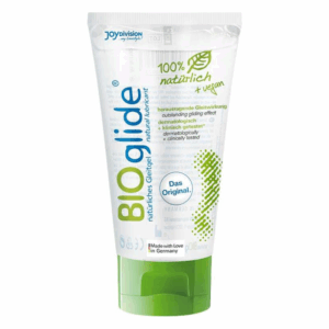 Tube mit natürlichem Gleitgel, transparent, grüne Kappe, 100% vegan und dermatologisch getestet, made in Germany.