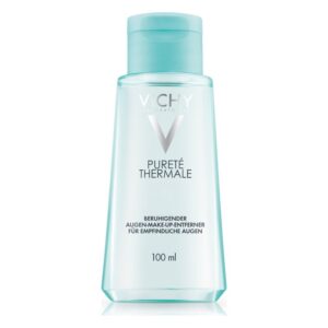 Vichy Pureté Thermale, beruhigender Augen-Make-up-Entferner in einer transparenten Flasche mit blauem Deckel.