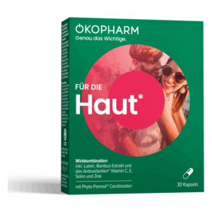 Verpackung von ÖKOPHARM für Hautpflege mit Kapseln und Angaben zu Inhaltsstoffen und Wirkstoffen auf grüner Grundfarbe.