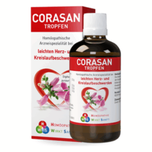 Braune Flasche mit Tropfen und rotem Karton, beschriftet mit 'CORASAN Tropfen' zur Unterstützung bei Herz- und Kreislaufbeschwerden.