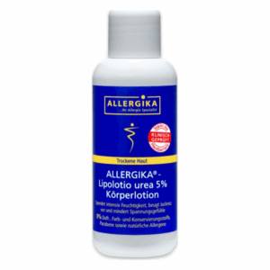 Flasche mit ALLERGIKA Lipolotion 5% Urea für trockene Haut, wirkt feuchtigkeitsspendend und juckreizlindernd.