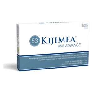 Verpackung des Nahrungsergänzungsmittels Kijimea K53 Advance mit 53 Mikrokulturen und Biotin.